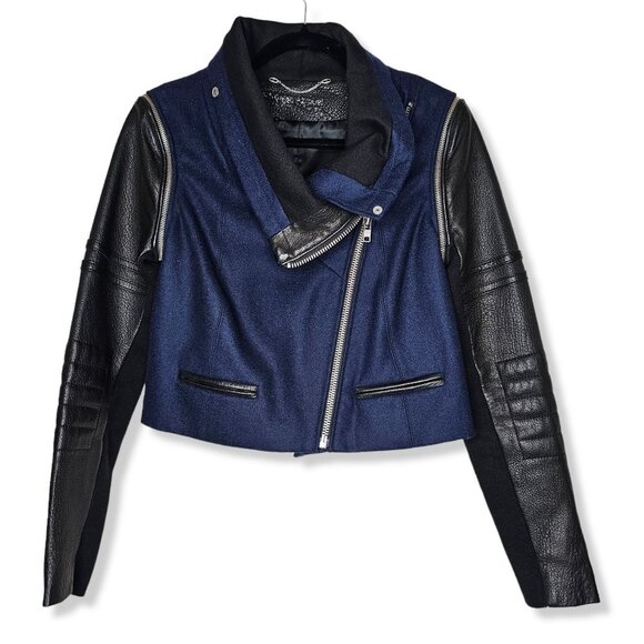 Yigal Azrouel Size 6 Blue Black Wool Lambs Leather Moto Jacket Asymmetric Zip